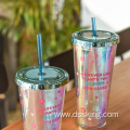 Laser paper printed double plastic cup magic color cup with lid and straw